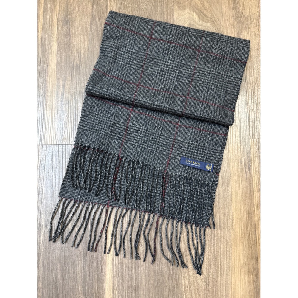 Club Room Scarf Mens Gray Cashmere Glen Plaid Fringed Winter Neckwear